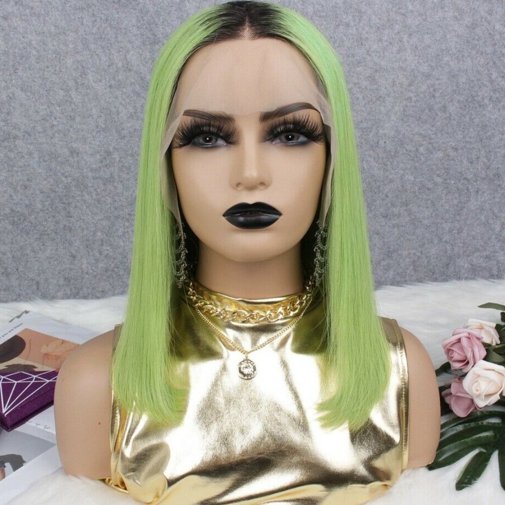 100% Human Hair Lace Front 14" Omber Lime Bob Wig